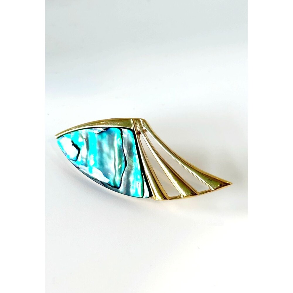 Vintage Ariki Paua Abalone Shell Brooch New Zealand gold plated abstract pin